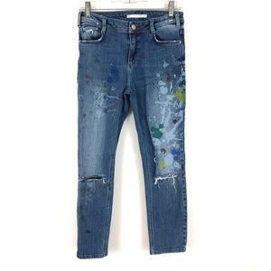 Zara distressed paint splatter skinny jeans ankle